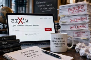 Laptop displaying arXiv beside a stack of rejected manuscripts, with a mug advocating open scientific publishing