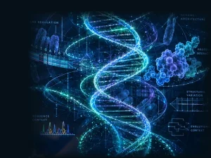 Luminous double helix, genomic sequence tracks, molecular protein structures and scientific annotations