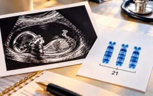 Prenatal ultrasound beside three chromosome 21 copies with no ultrasound text overlay