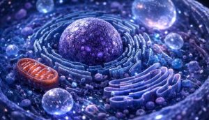 Purple and blue illustration of a cell with nucleus and organelles